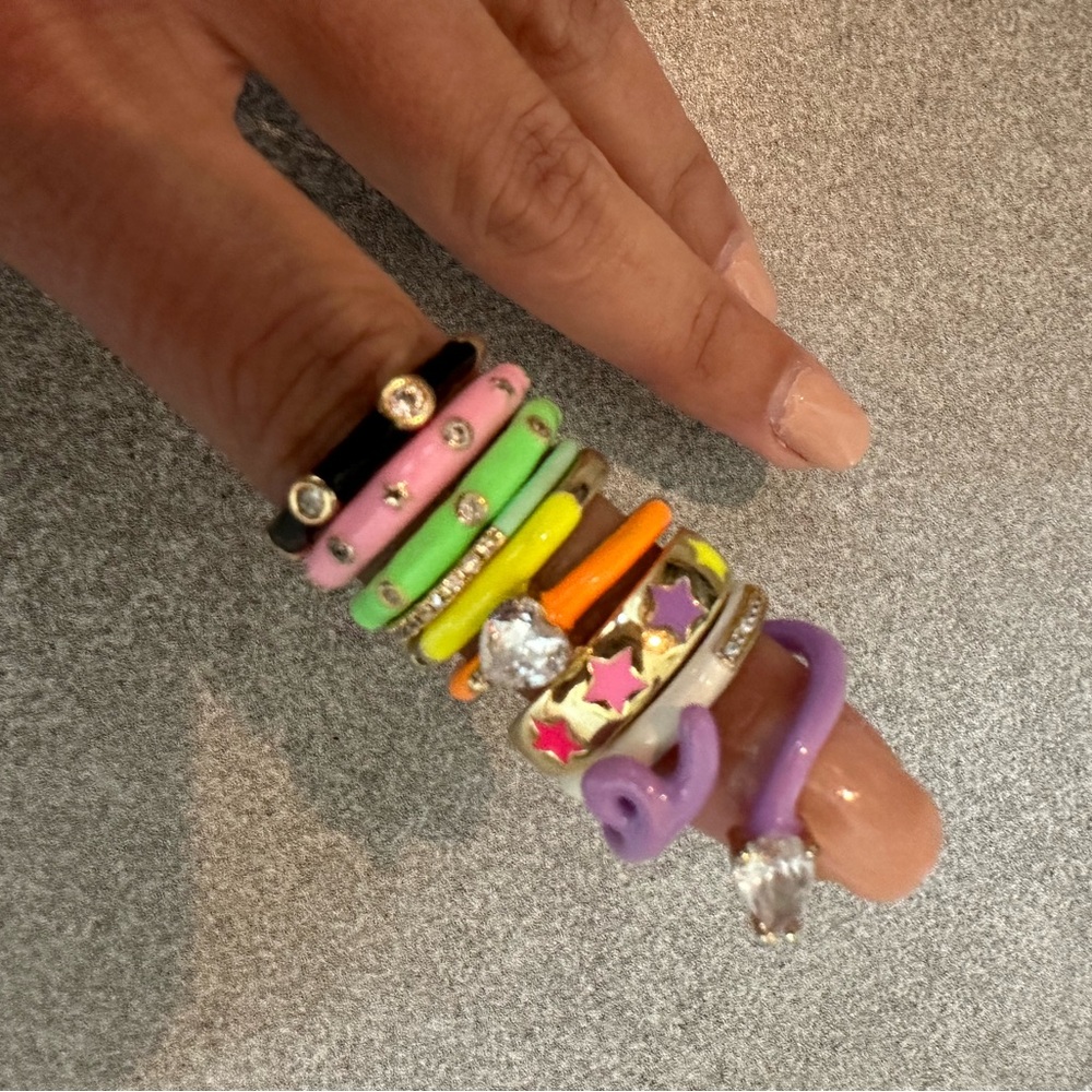 9 lightly worn gold fill neon enamel adjustable rings